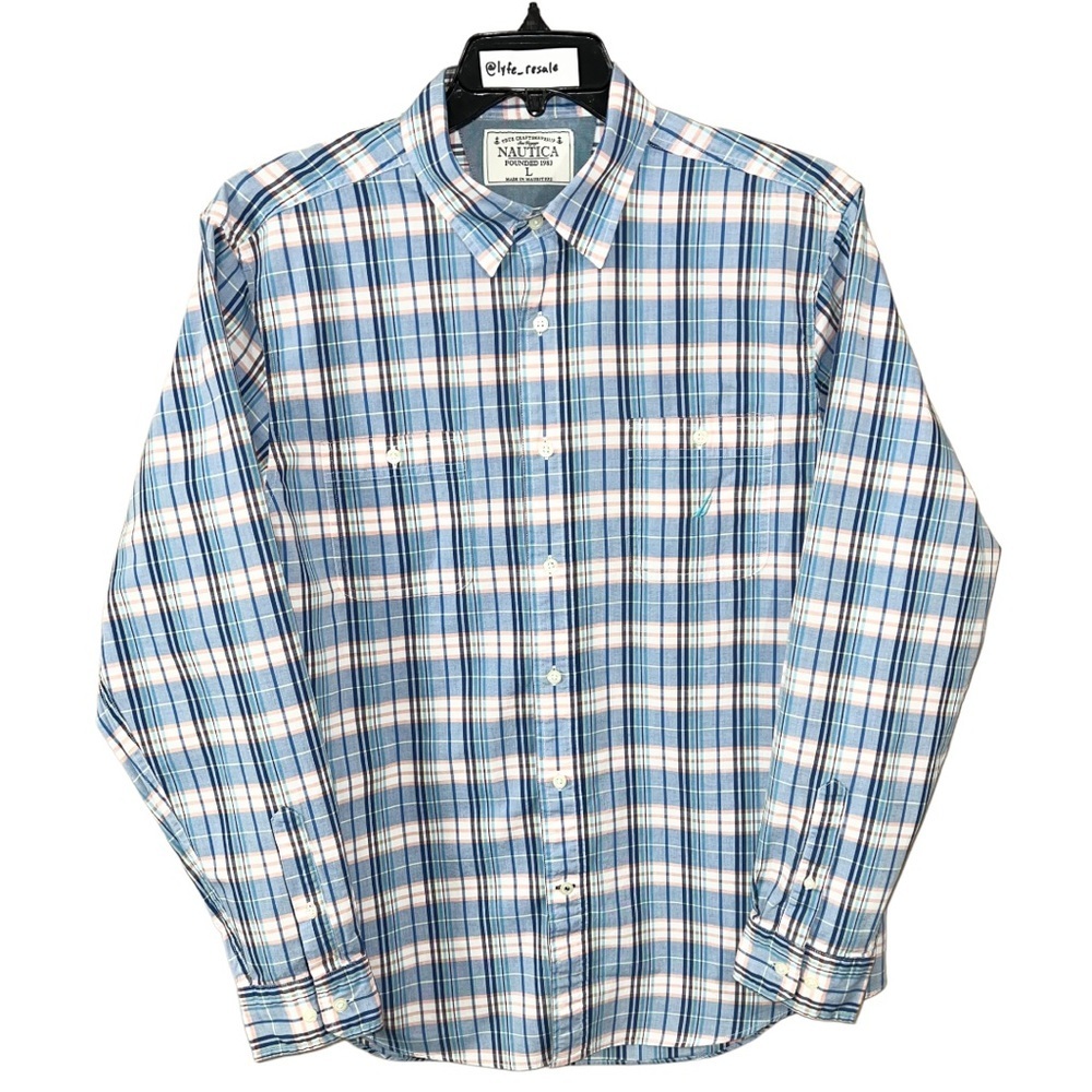Nautica Shirt Men’s Size L Blue Yellow White Plaids Button Front Long Sleeve